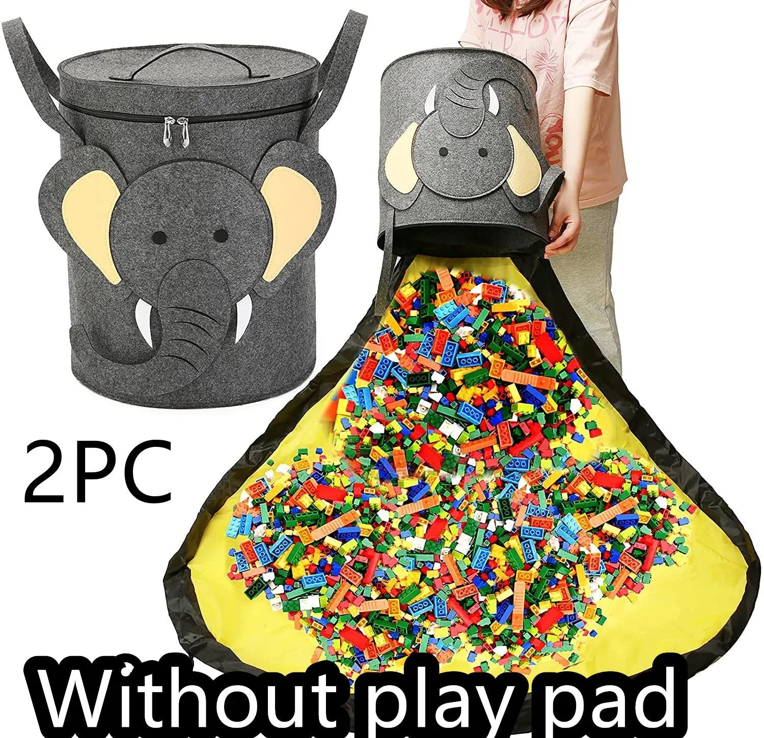 Green felt cube storage bag with pull rope open as a floor play mat for toys.