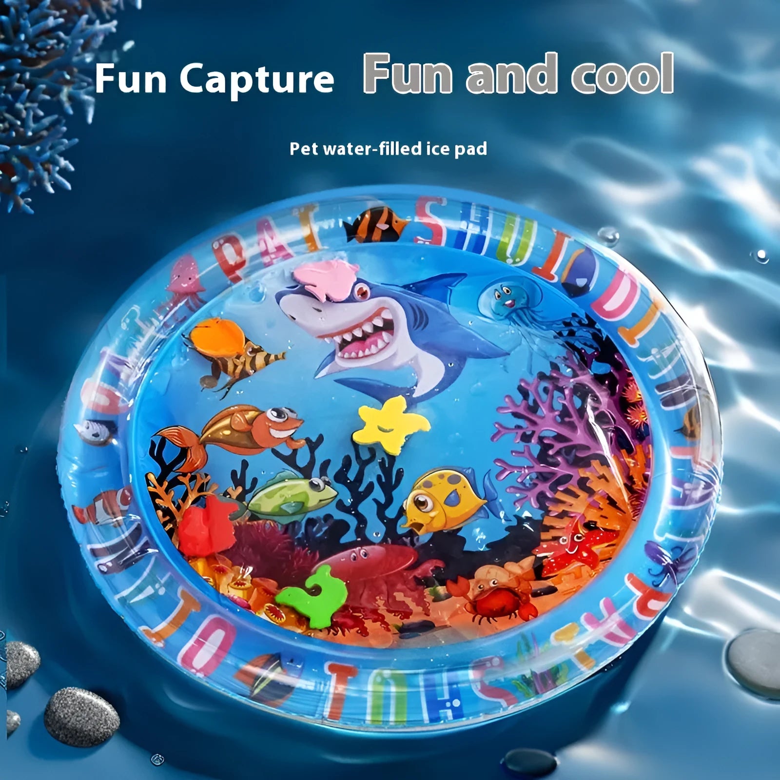 PVC inflatable water cushion pet cooling mat with shark design showing water injection valve