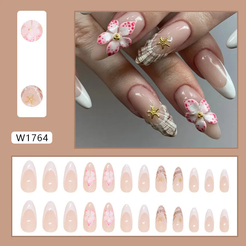 French style fake nails with rock pattern patches and simple flower design in colour W1764