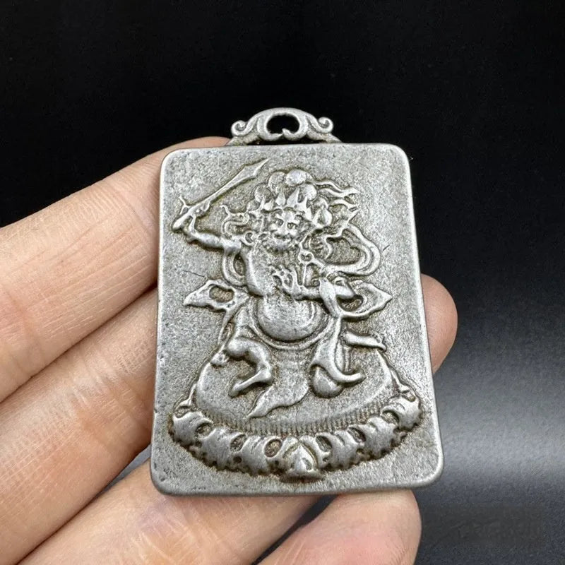 Iron Chinese style geometric pendant ornament with Buddhist deity design for wall hanging decoration.