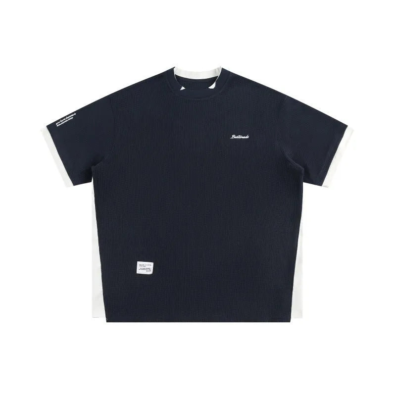 Retro alphabet embroidered loose waffle t-shirt in navy blue, white flower gray, or yellow colours
