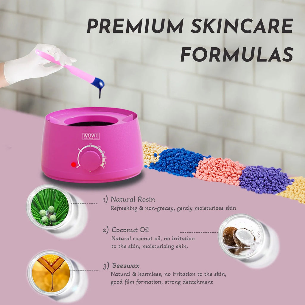 Professional waxing kit with wax warmer, pots of coloured wax beans, application sticks, lotion, and cooling masks on a pink background.