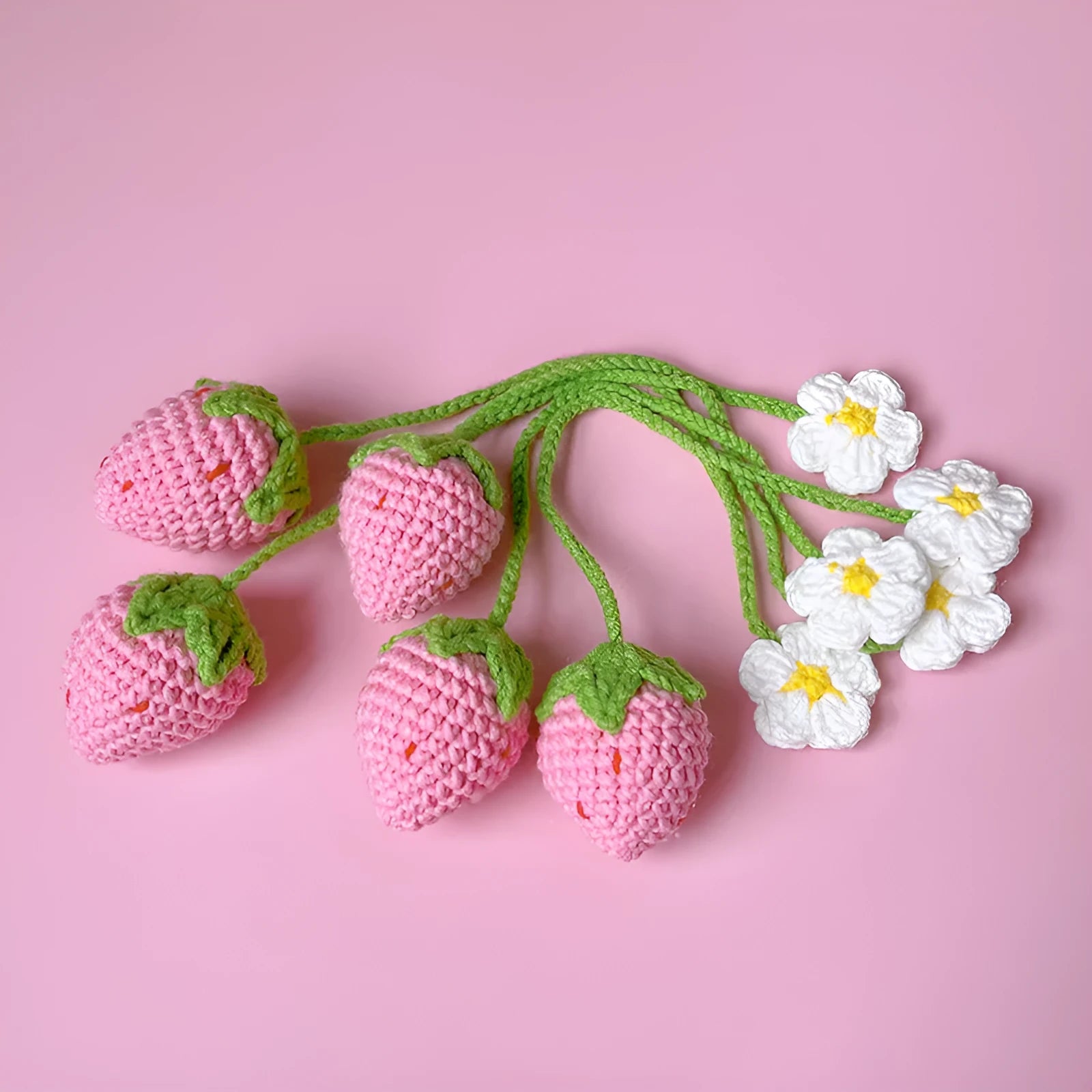 Wool crochet strawberry pendant necklace measuring 35cm with pink or red charm option