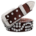 Leather ladies belt with diamond-studded cowhide pin buckle, alloy D-shape buckle, rhinestone mosaic, two-layer cowhide