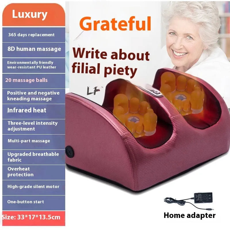 Automatic electric foot massager machine in gold colour with remote control on a wooden floor