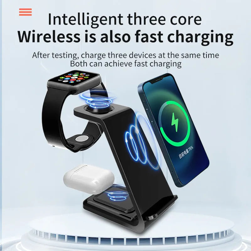White 3-in-1 upright wireless phone charger stand with dual-coil design and Type-C cable