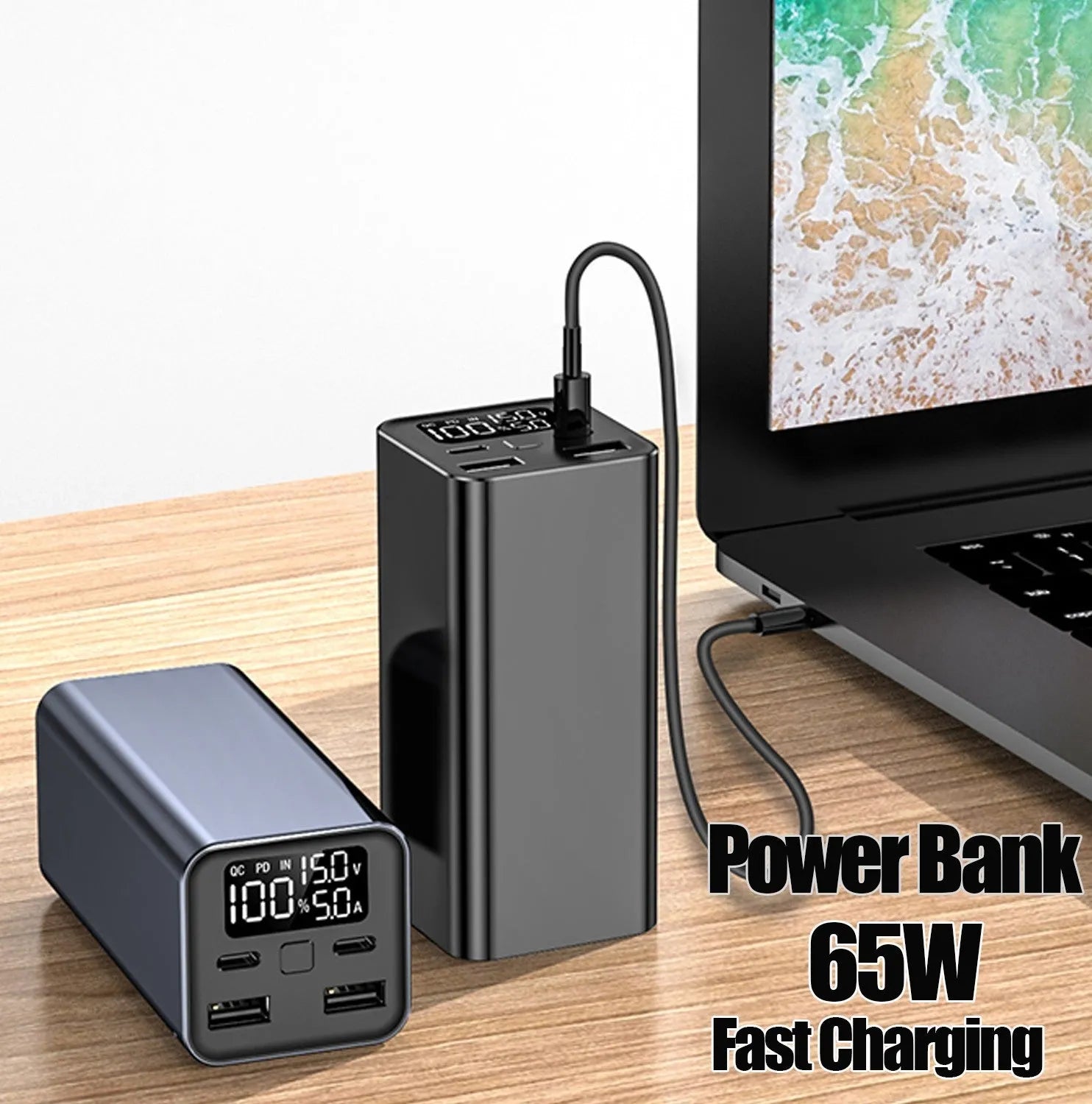 65W metal power bank in black, blue, or grey, showing size scale and USB-C port.