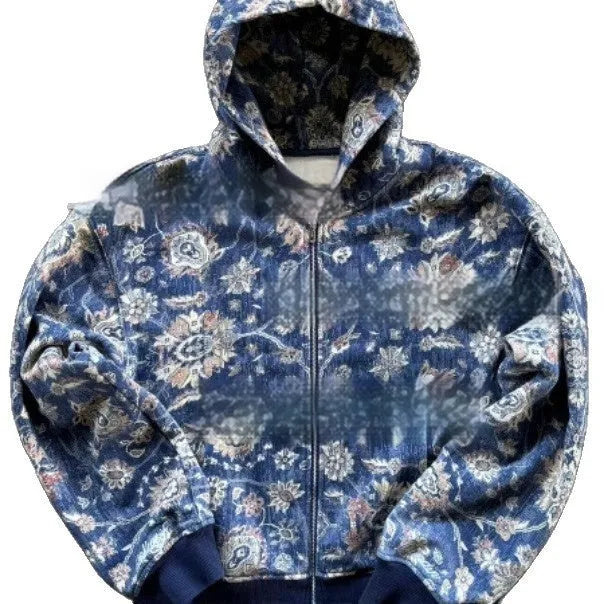A man's loose-fitting red hooded zip-up coat with long sleeves, shown on a size chart.