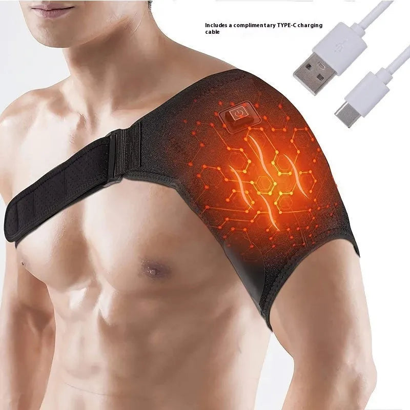 USB electric heating shoulder pad draped over a chair, showing its fabric construction and USB cable.