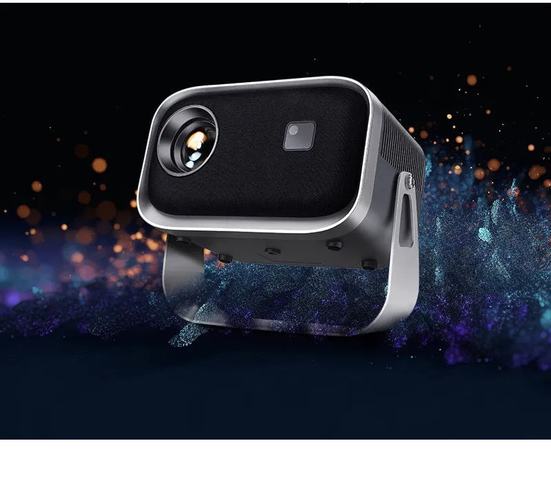 Home HD Portable Projector with bracket on table showing movie scene on wall