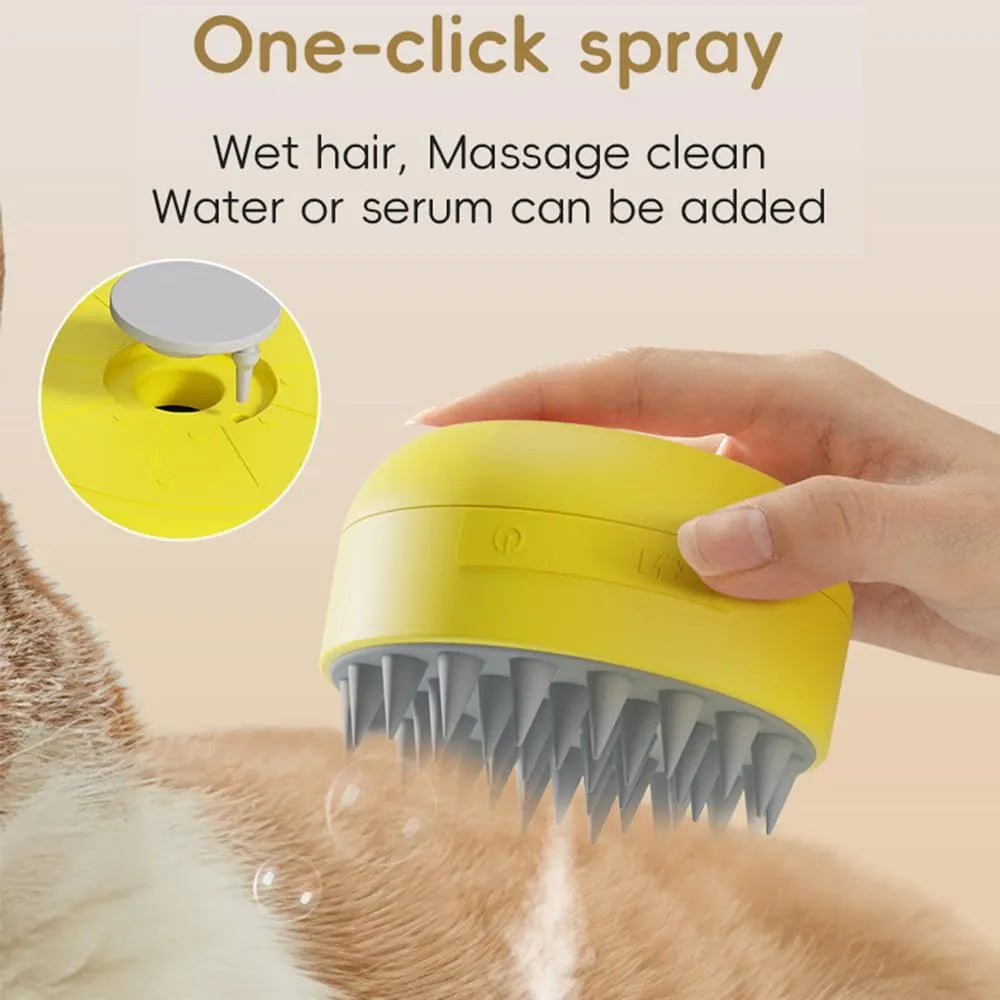 Green rechargeable cat steam brush with silicone bristles on a white background.