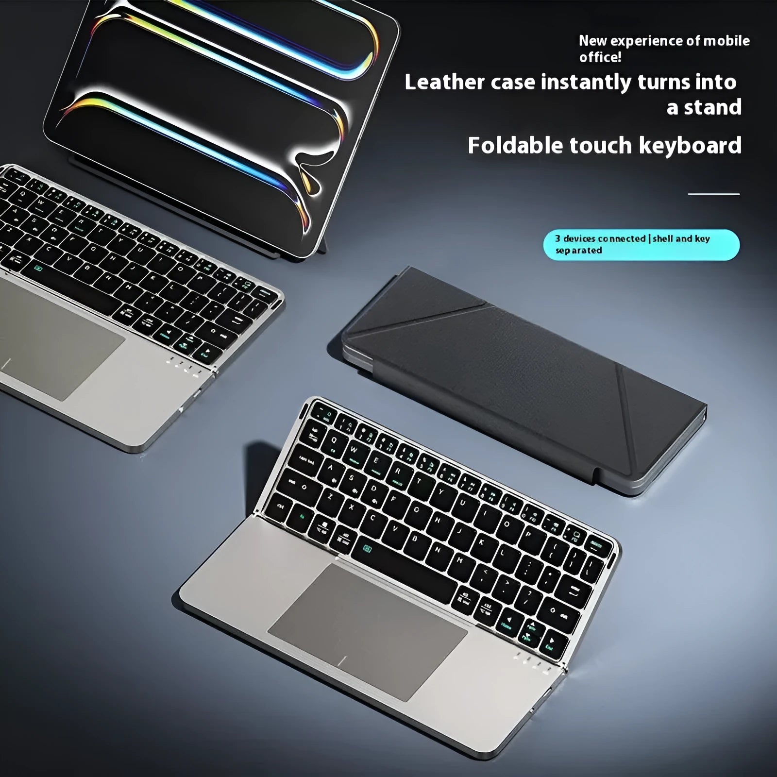 Grey wireless Bluetooth folding keyboard shown in open and closed positions for use with phones and tablets.
