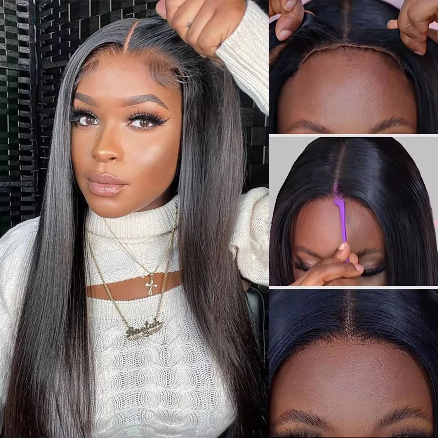 A natural-looking, straight, glueless human hair wig with side bangs, shown in various lengths.