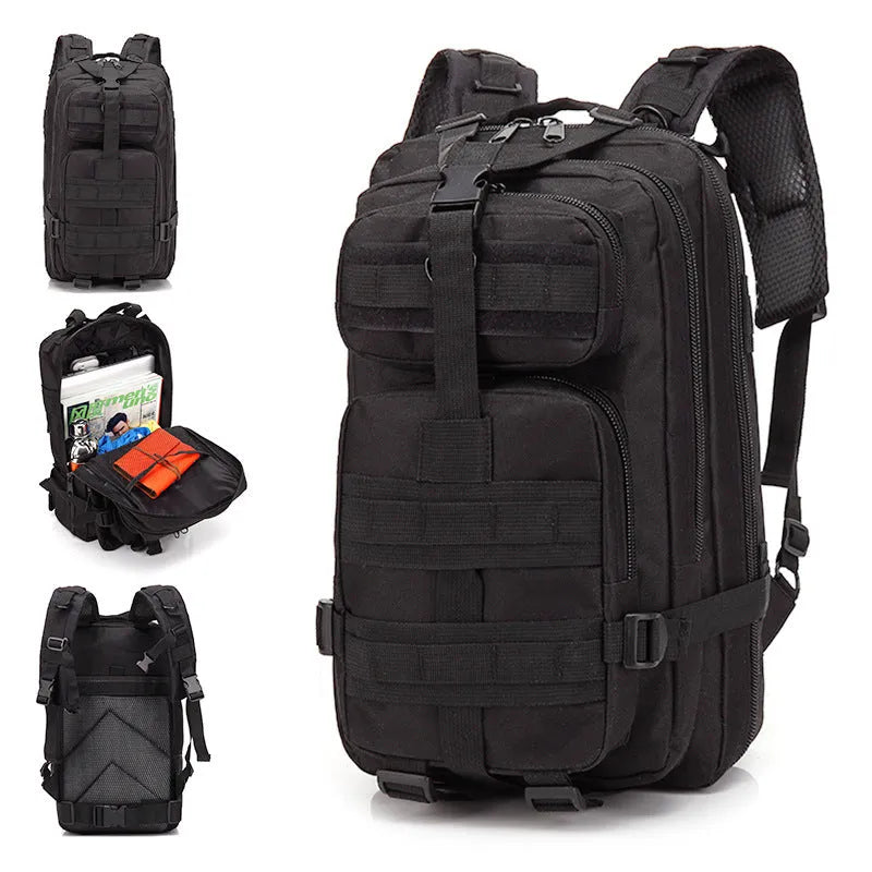 Large khaki Oxford cloth hiking backpack with air pillow belt system, shown for mountaineering use.