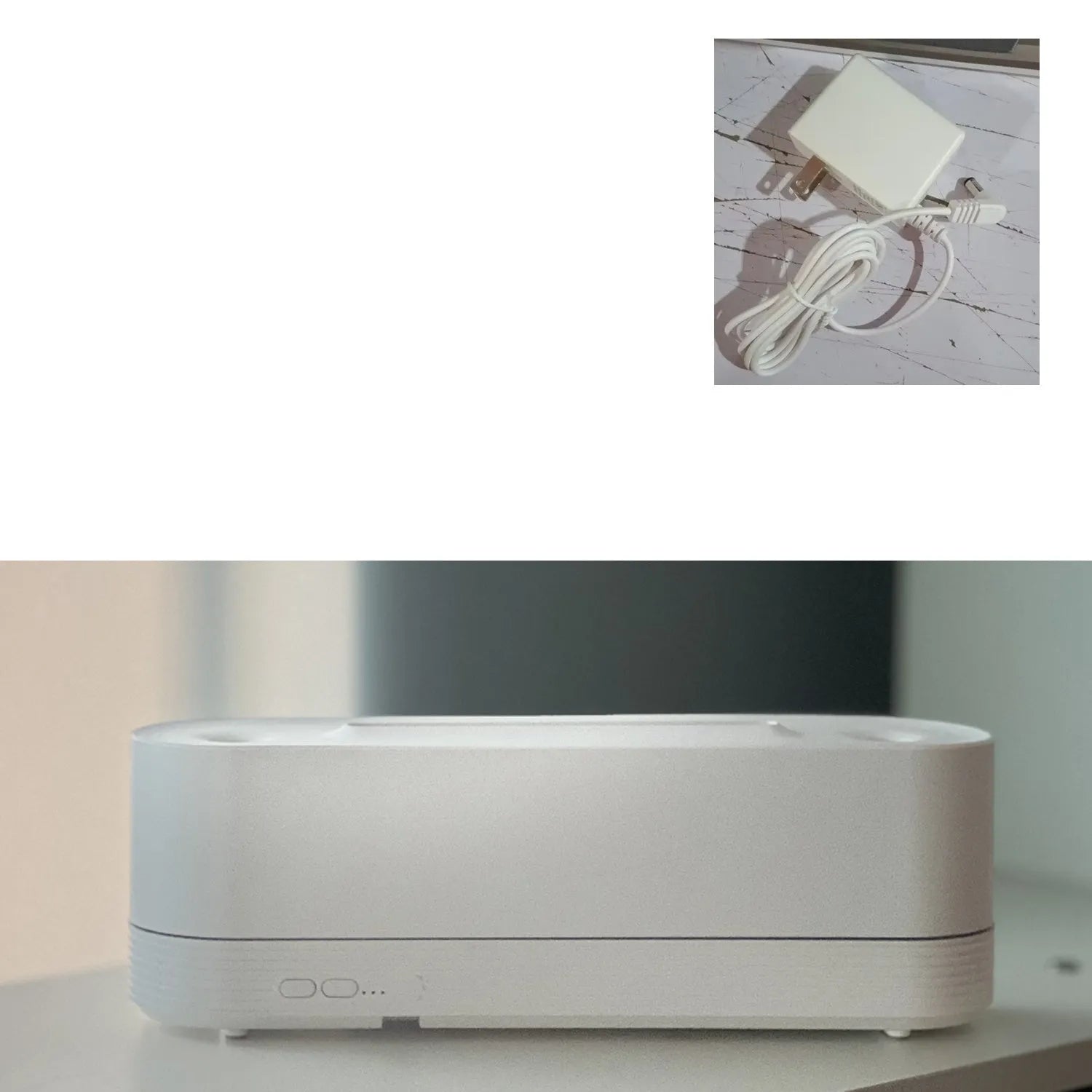 Black or white Flame Air ultrasonic humidifier and aroma diffuser with 7-colour LED lights on.