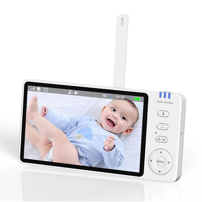White HD wireless baby monitor with 5-inch screen showing baby room temperature display