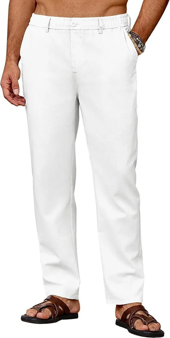 Men's casual breathable drawstring polyester straight pants in black with slight stretch