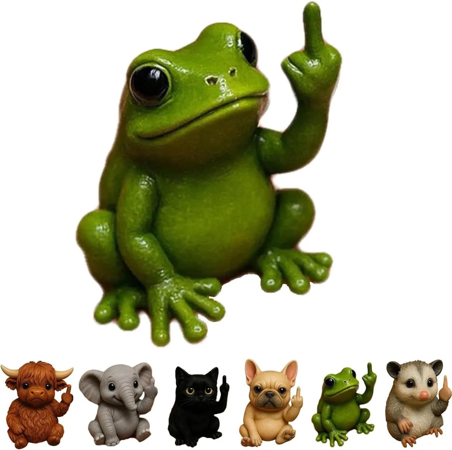 Resin animal middle finger doll in cat, dog, elephant, frog, Highland cattle, mouse, or turtle style.