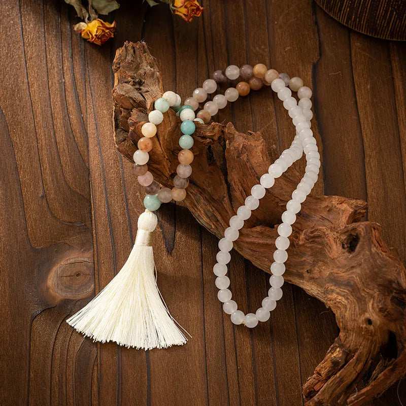 Bohemian vintage necklace and bracelet set with geometric round stone beads in electroplated finish