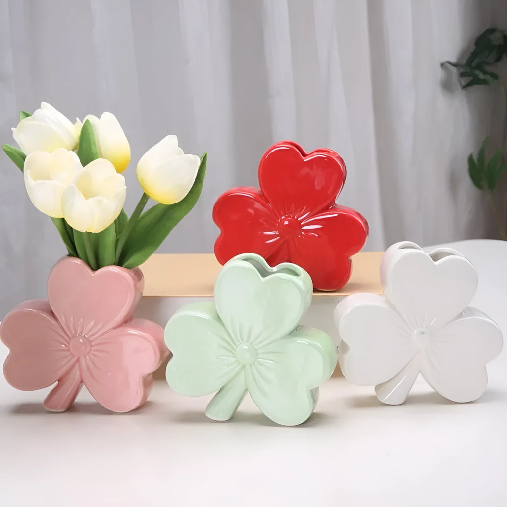 Clover-shaped white porcelain ceramic vase in light green, pink, red, or white colour.