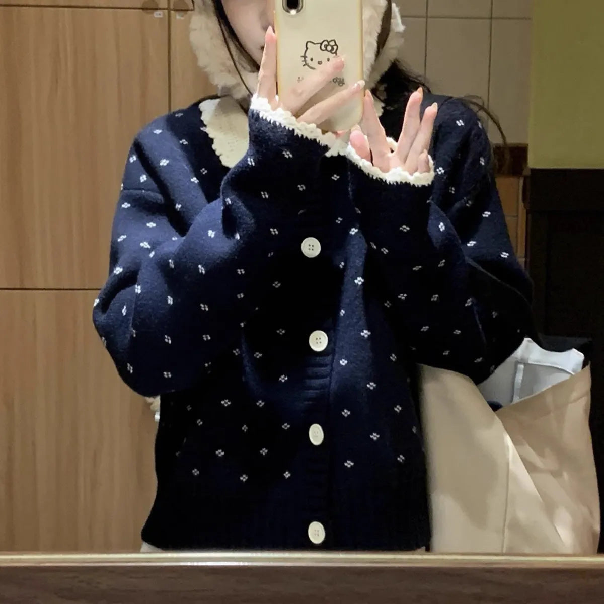 Peter Pan collar floral pattern cardigan coat in knitted polyester fabric