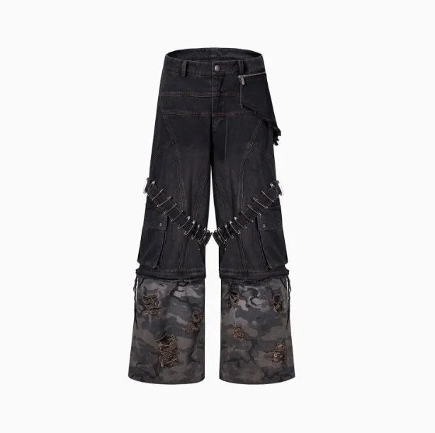 Men's grey jeans with camouflage splicing design and pin ribbon details