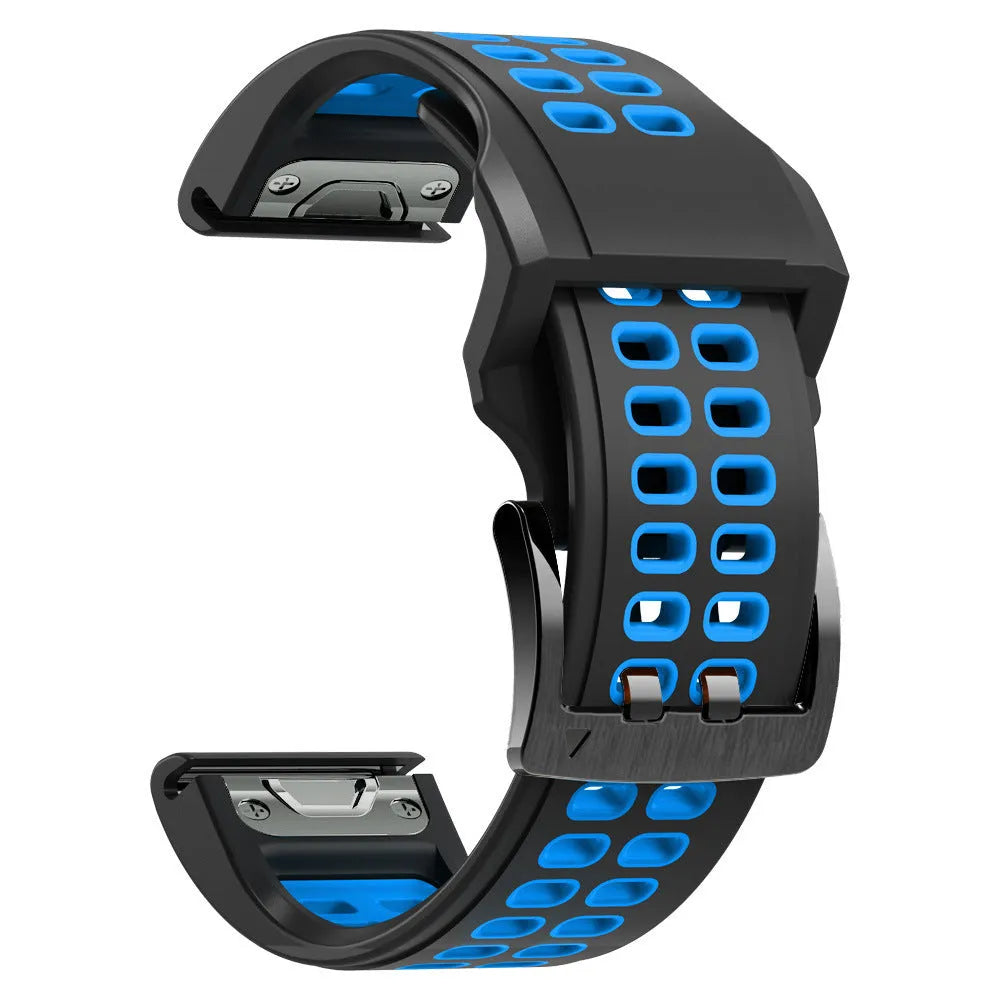 Quick release two-colour silicone watch strap shown in a sporty style with pin buckle