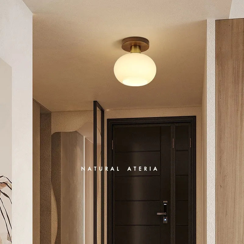 Chinese style simple light luxury walnut and brass ceiling lamp for corridor or balcony with three light colours