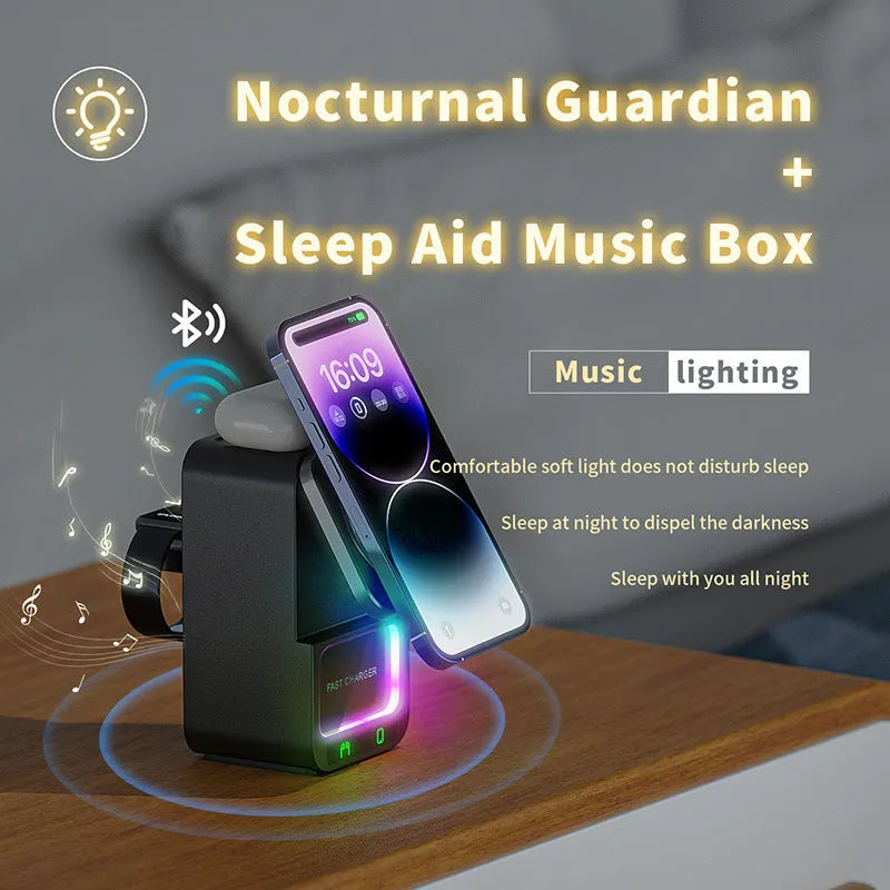 White and black 5-in-1 wireless charger Bluetooth speaker with magnetic charging support