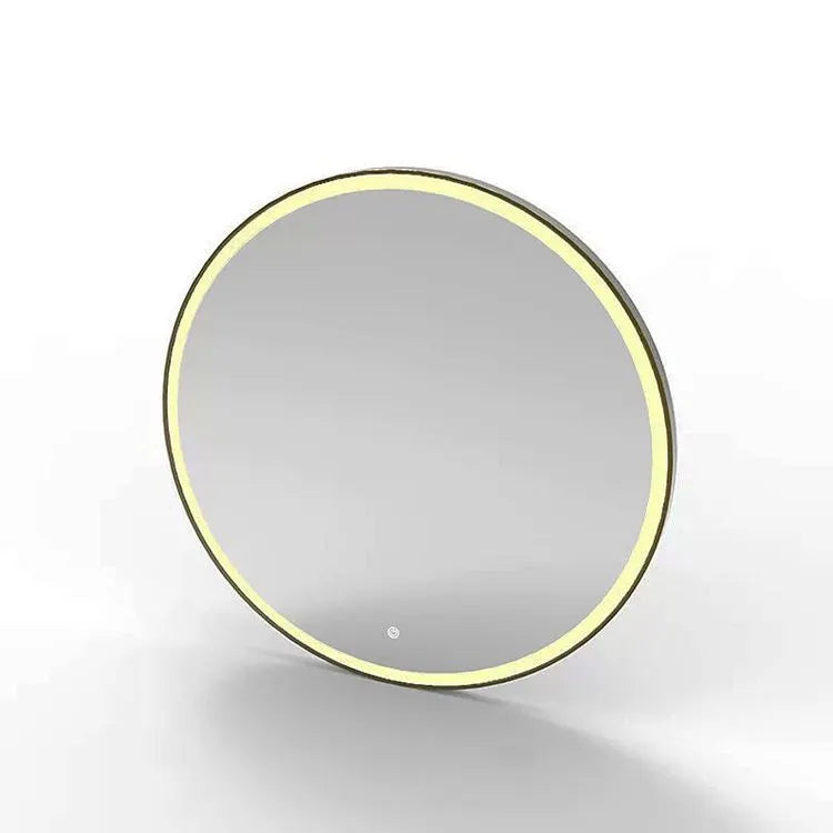 Round black aluminium frame LED bathroom mirror mounted on wall with dimmable lights on.