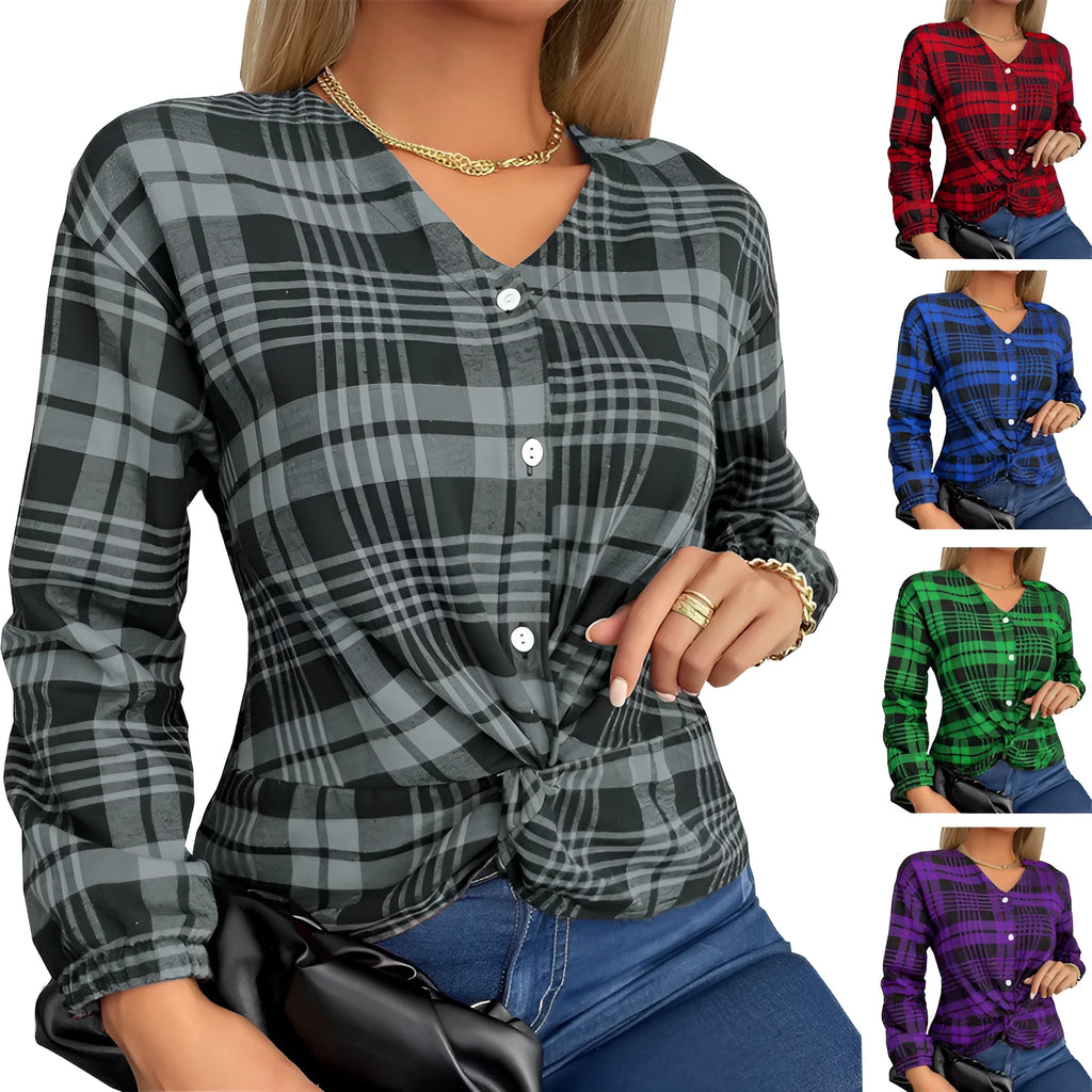 Women's purple plaid casual shirt with regular sleeves and loose fit design