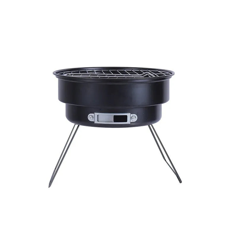 Small folding round ice stove with grill mesh and complete barbecue accessories set