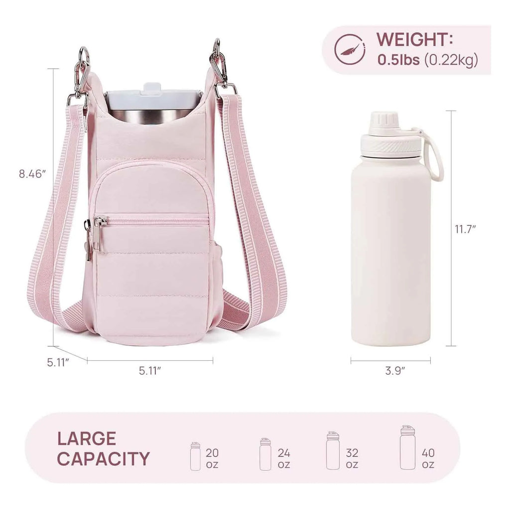 Cloth water bottle bag for bicycle mounting in black, pink, or beige colours