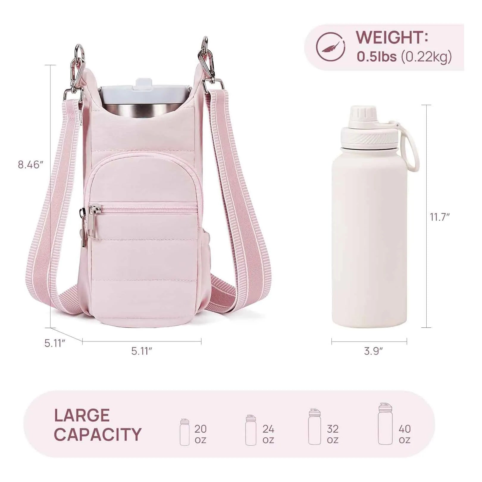 Cloth water bottle bag for bicycle mounting in black, pink, or beige colours