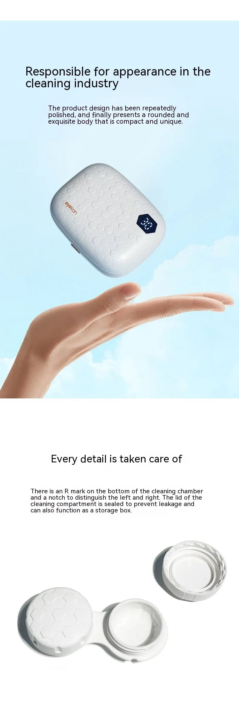 Automatic ultrasonic glasses cleaning machine in blue, a handheld plastic device for contact lenses.