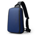Blue Oxford cloth messenger bag with shoulder straps showing compact dimensions
