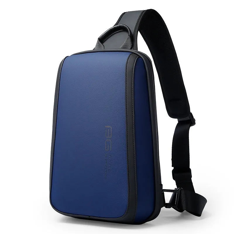Blue Oxford cloth messenger bag with shoulder straps showing compact dimensions
