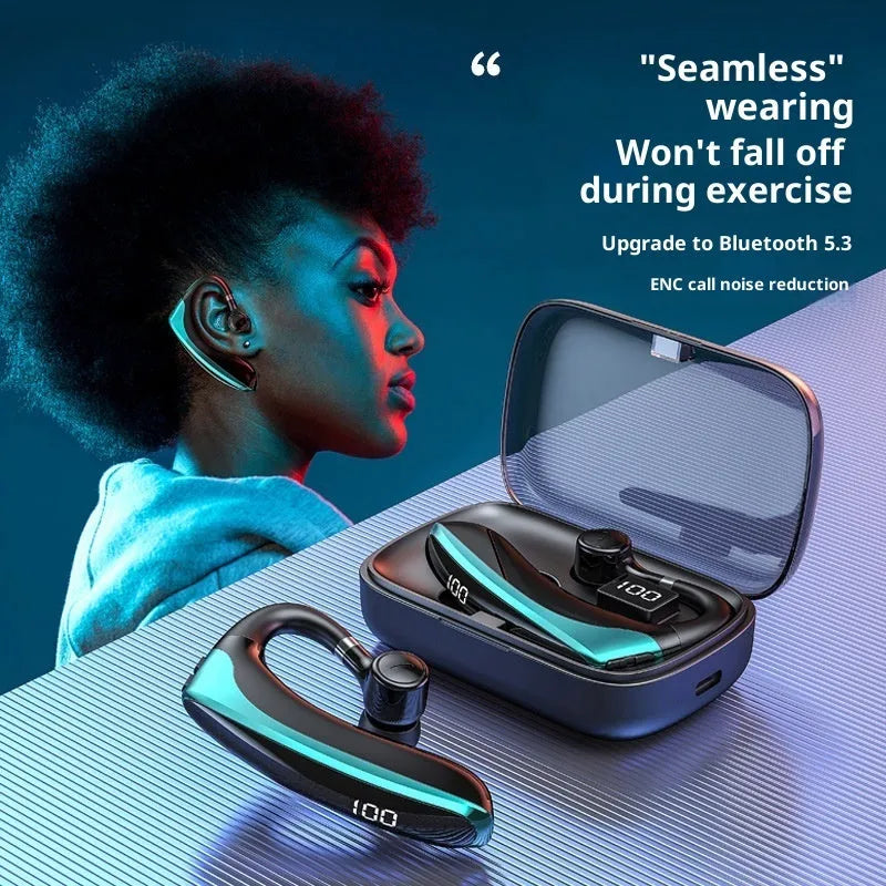 High-gloss black single-ear bone conduction sports Bluetooth headset with digital display and breathing light