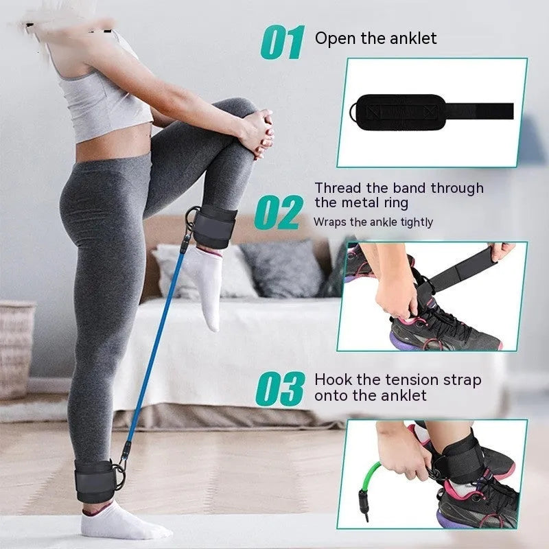 Yoga exercise hip lifting tension band set with three resistance levels and foot loops