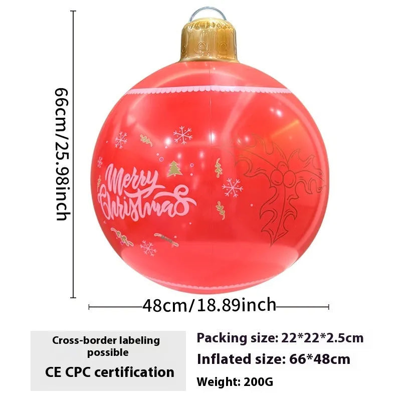 Large red inflatable Christmas ball with flash lights, shown with manual pump, for garden decoration.