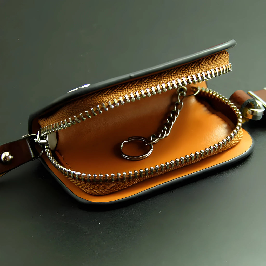 Genuine cowhide leather car key case with frosted finish in black and brown colours.