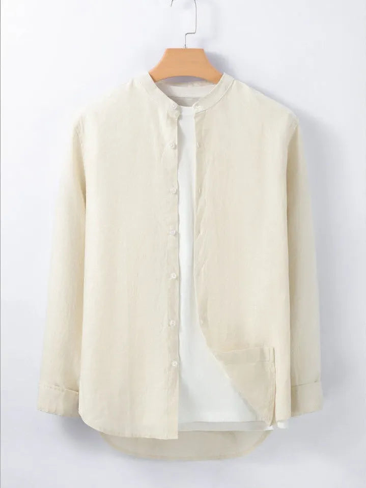 Men's cotton linen business casual shirt in beige white long sleeve button down