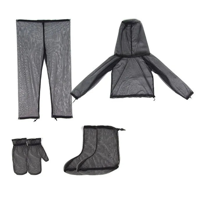 Four-piece mosquito-proof suit set showing hooded jacket, pants, and booties in breathable mesh fabric