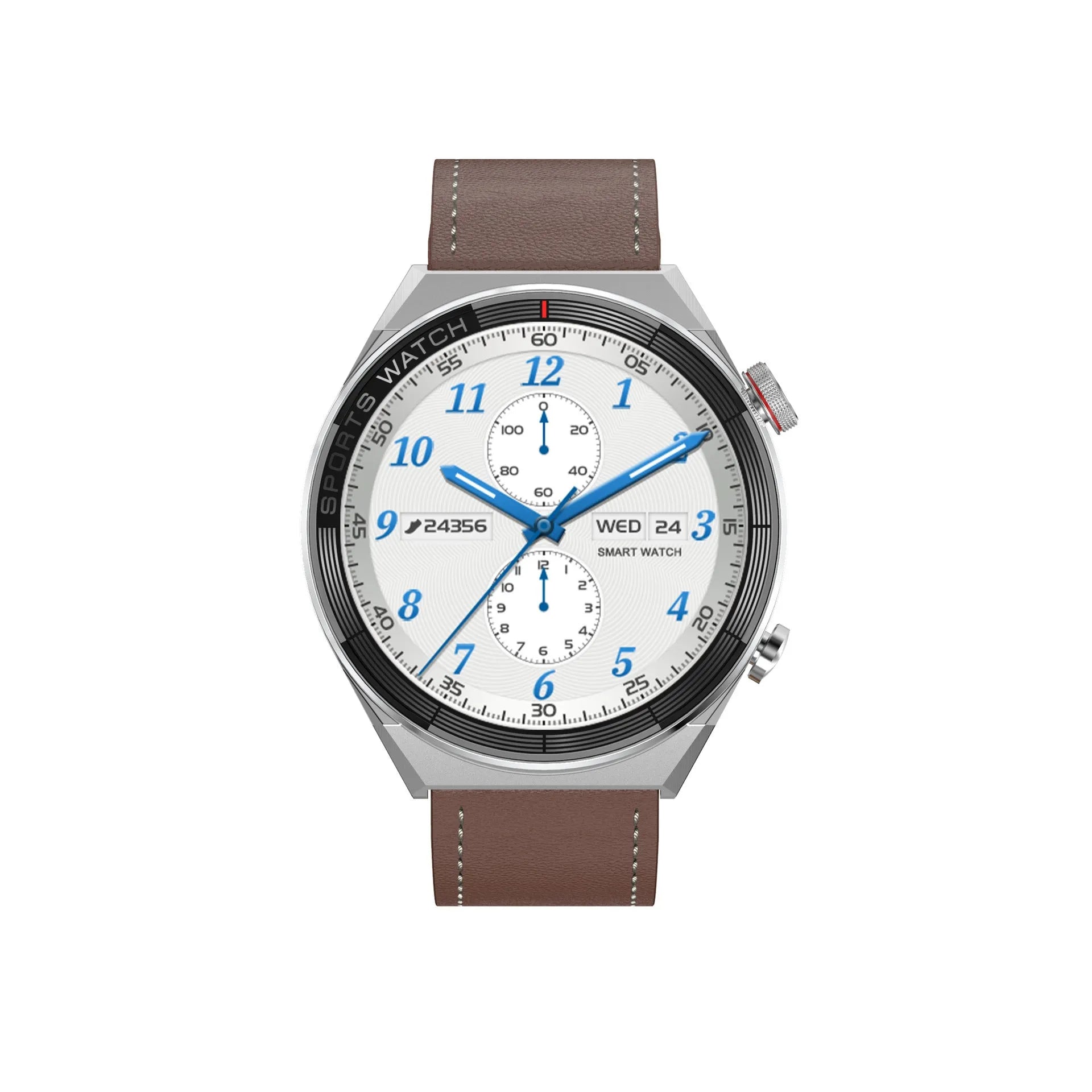 Large screen Bluetooth smart watch with call function shown in black or silver with leather, silicone, and steel strap options.