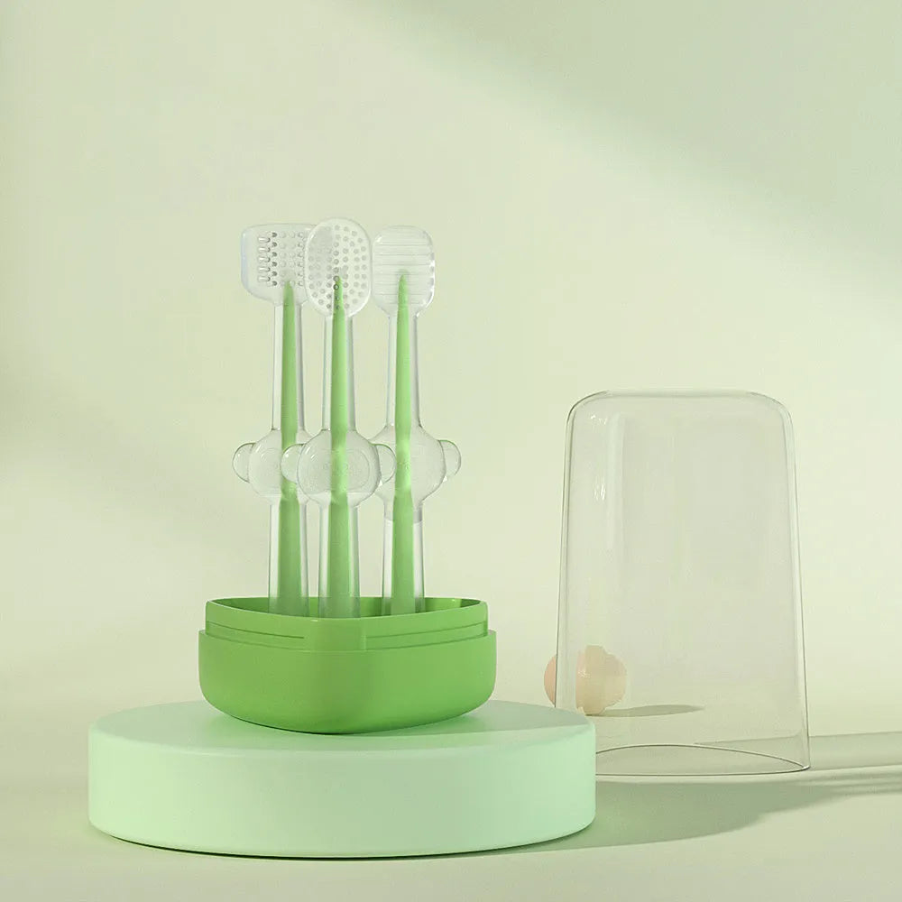 Silicone pet toothbrush for cats and dogs in blue, green, and purple colours for dental care.