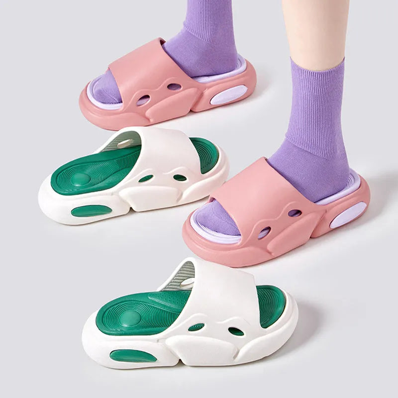 Two-tone thick-soled EVA slippers for men and women in pink purple, white green, or black and white.
