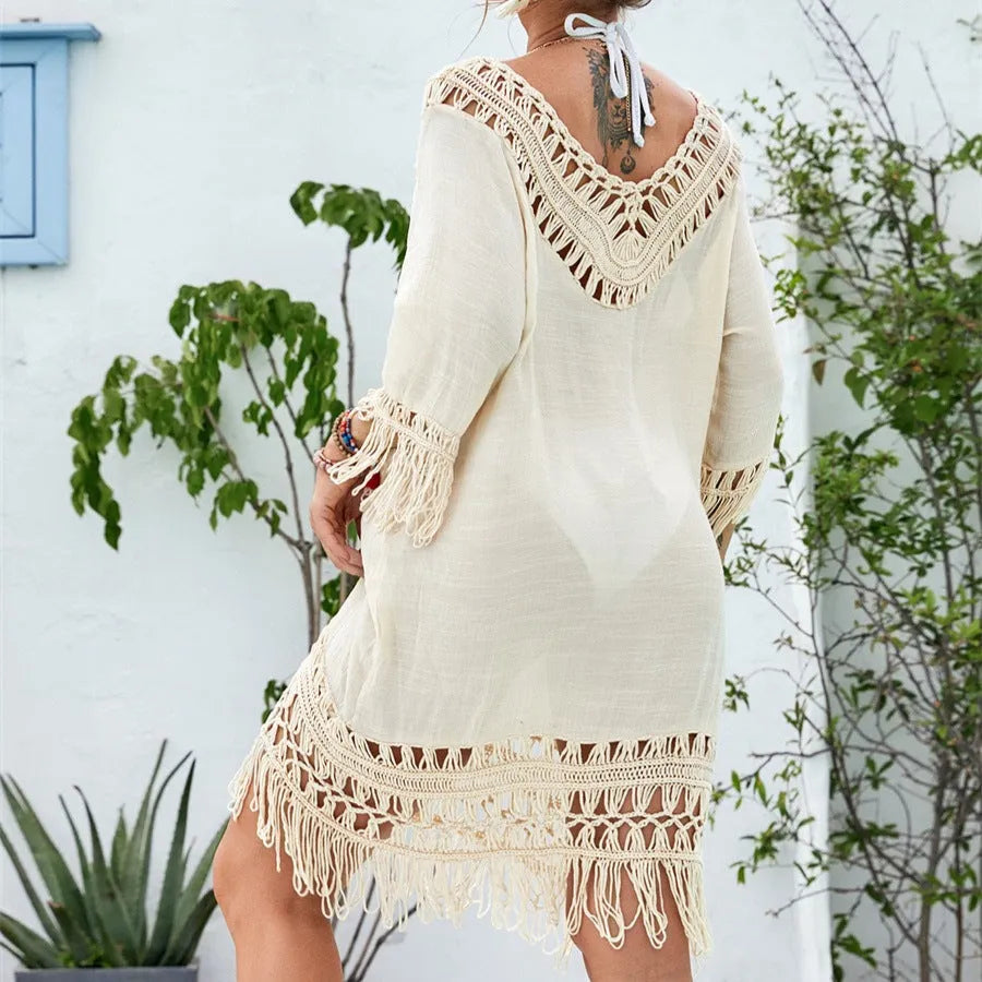 Apricot crocheted knitted patchwork beach dress with half sleeves and mid-length street hipster styling