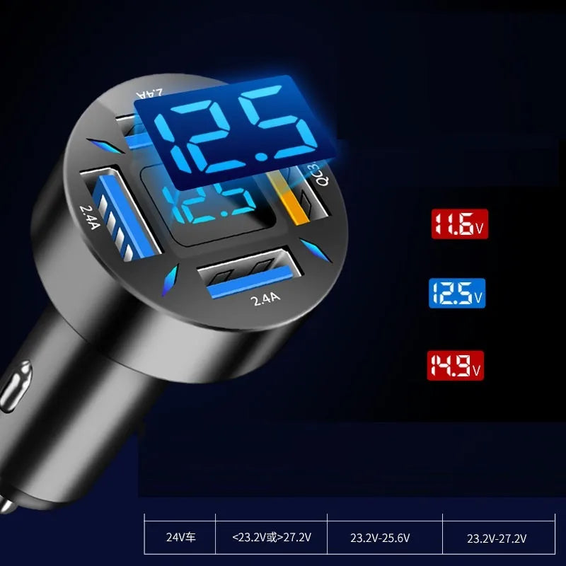 Four-port USB car charger with LED digital display showing compact black design