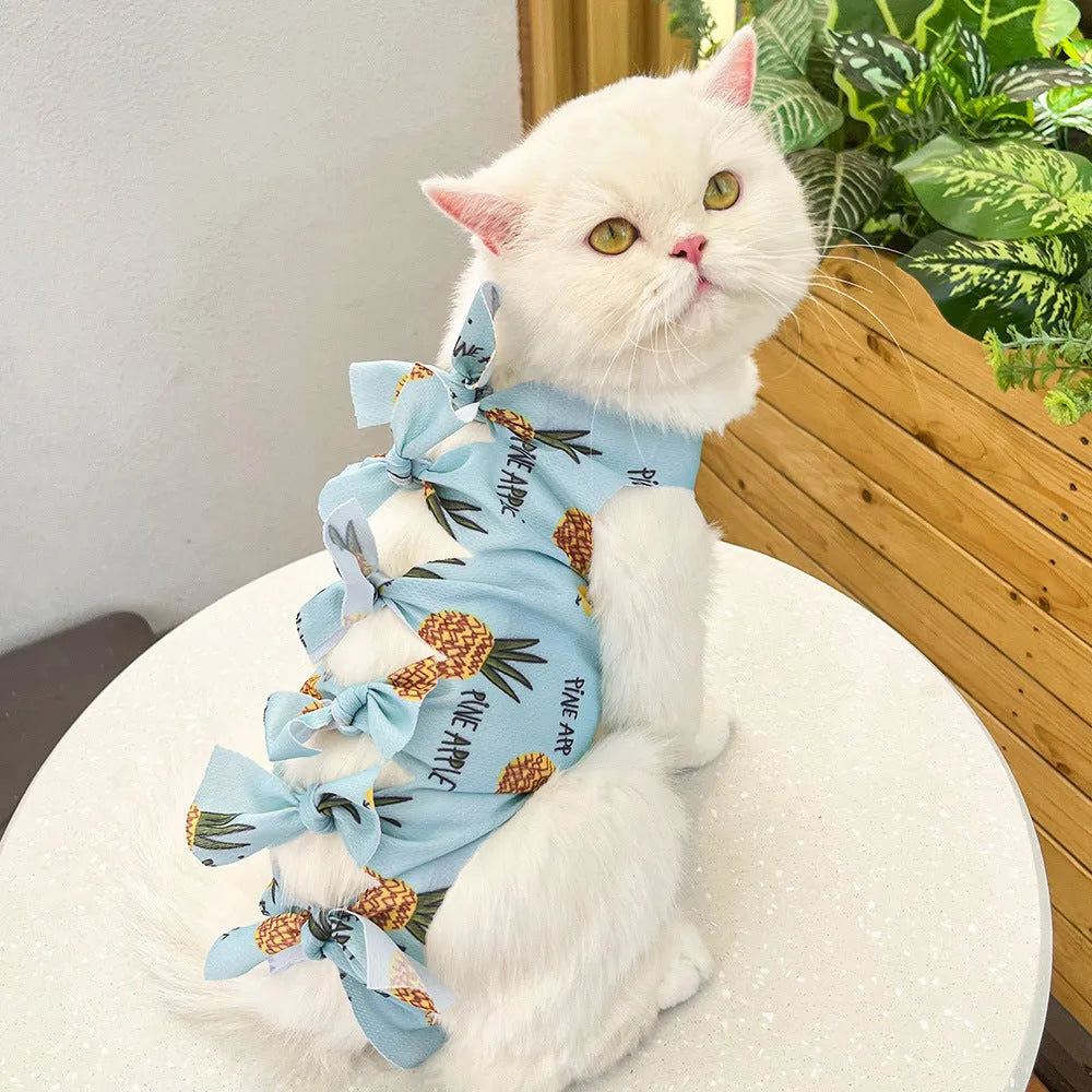 Lace-up polyester cat recovery suit in blue colour, shown on a cat model.