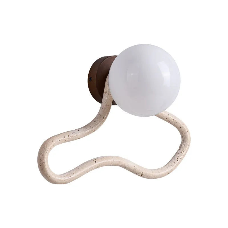 Middle ancient cream style bedroom bedside wall lamp with M white travertine and solid wood base, 30cm length, warm light